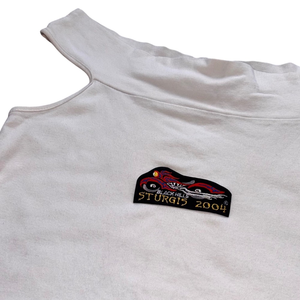 Upcycled Y2K Sturgis 2004 Motorcycle Graphic Off Shoulder White Tank Top M/L